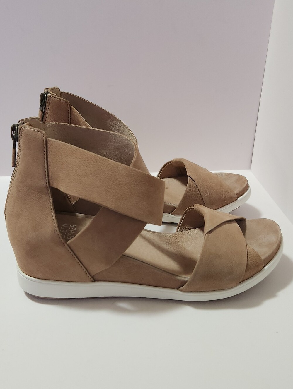 Eileen Fisher Viv Tumbled Nubuck Leather Crisscross Wedge Sandals Tan Size 6.5